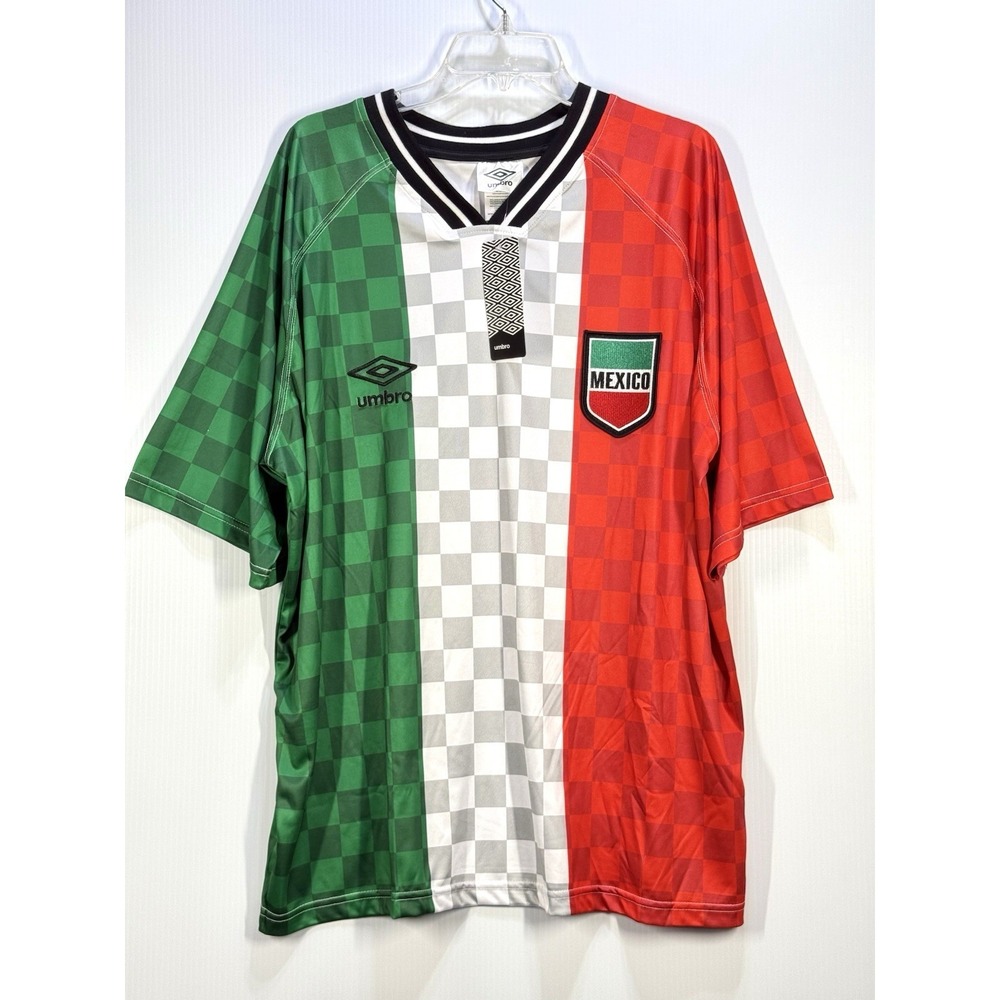 NWT Umbro Mexico Soccer Jersey Green White Red Checkered Crest "MEXICO" Size L/G